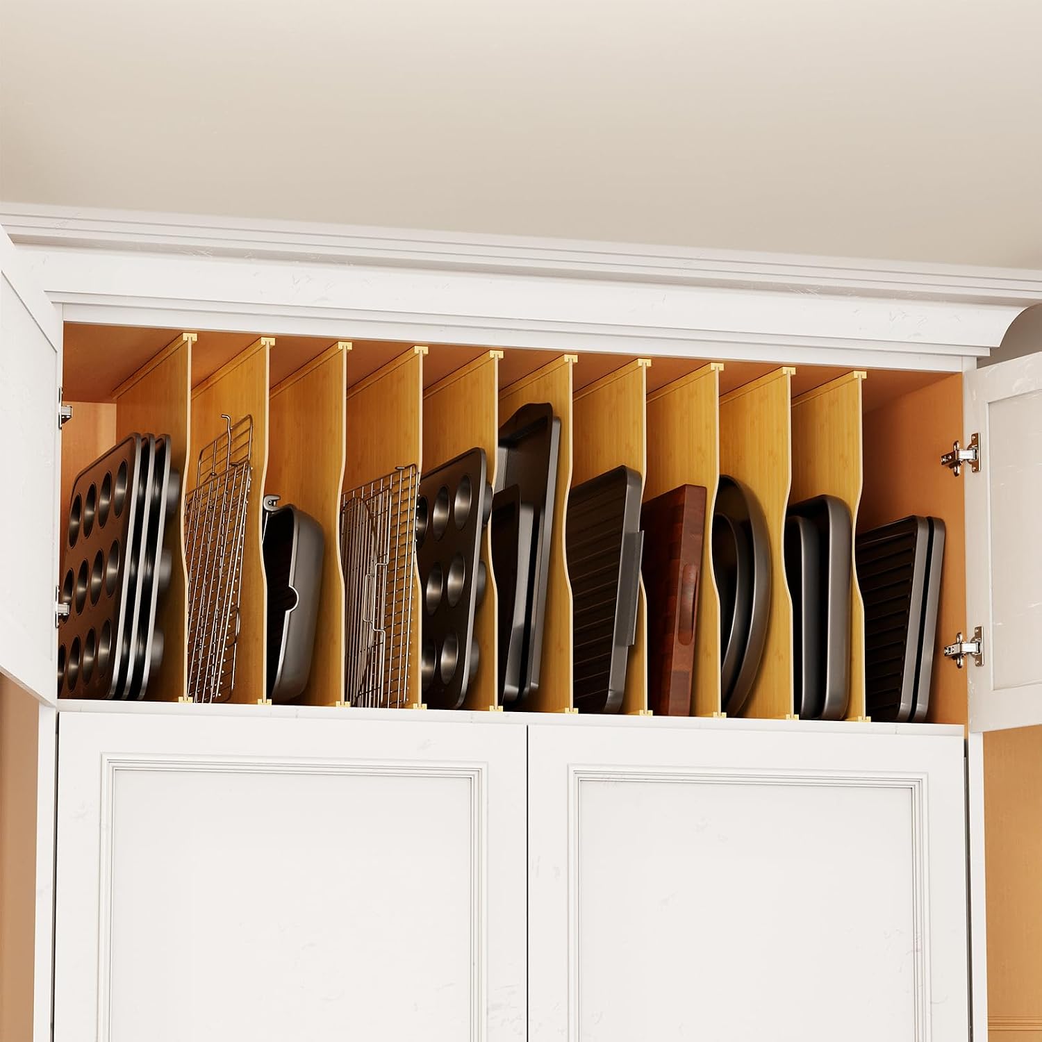Kitchen Baking Sheet Organizer - 10-pack bamboe bakverdelaars voor keukenkastjes, verticale